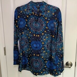 Don caster collection silk tunic blouse blue and gold celestial print size 4
